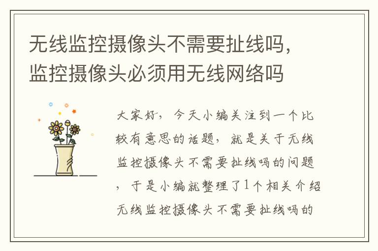 无线监控摄像头不需要扯线吗,监控摄像头必须用无线网络吗